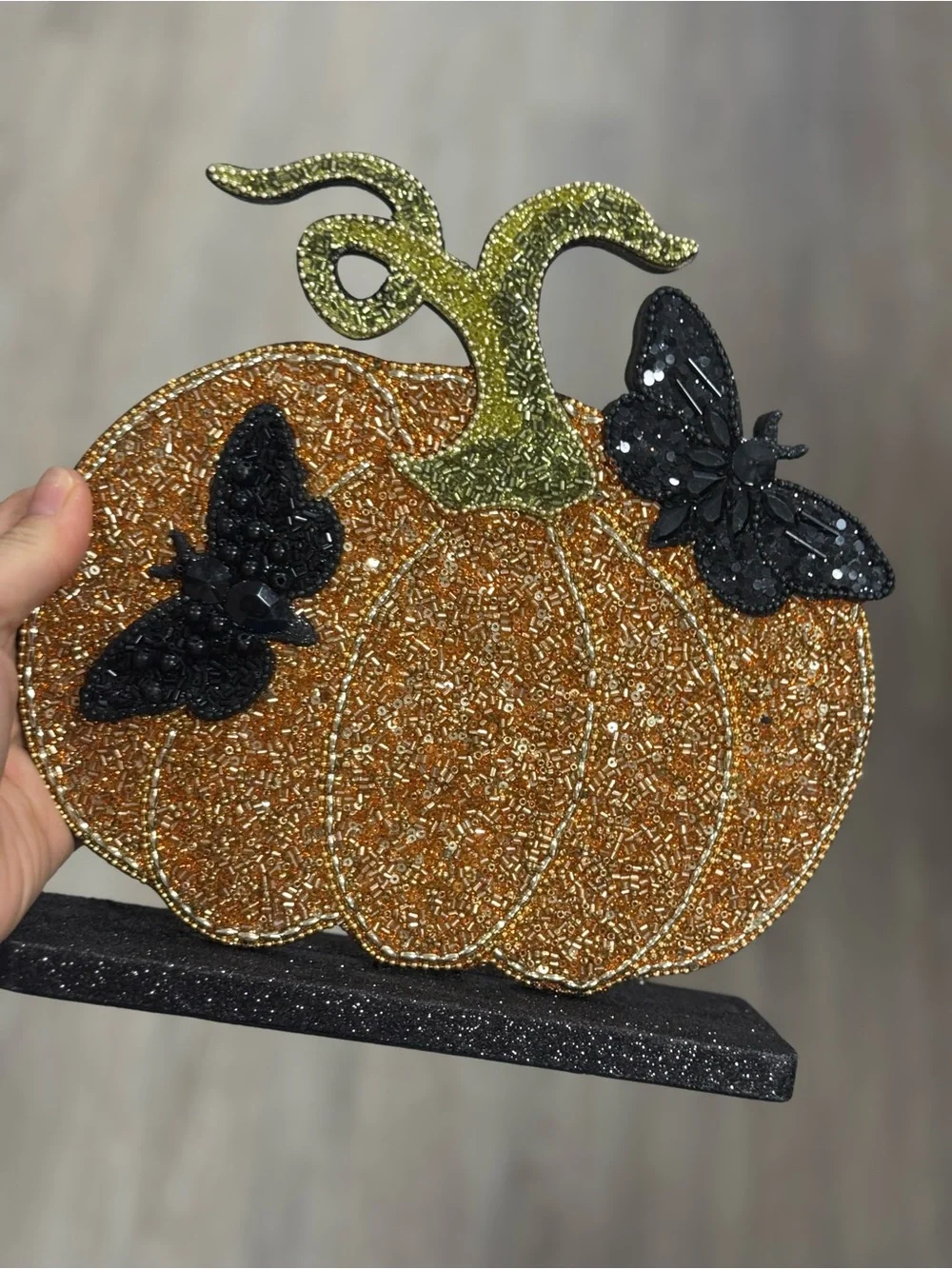 Beaded Orange Pumpkin Table Accent with Black Butterflies - Brand